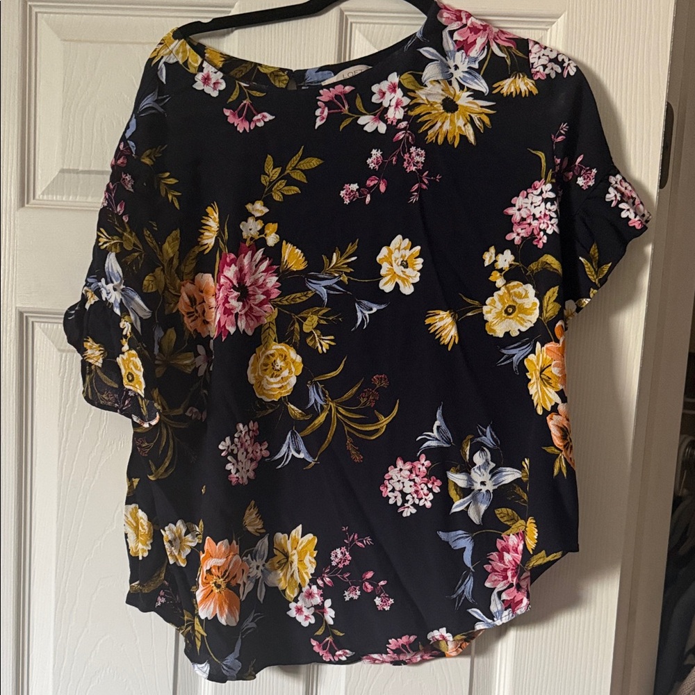 LOFT Floral Blouse - Black with Pink and Yellow Accents